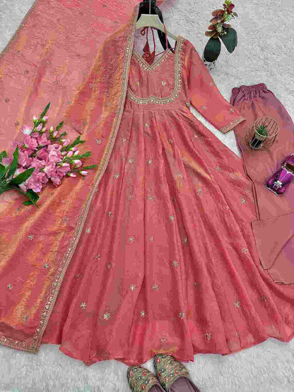 Designer Fandy Silk Party Wear Gown with Heavy Embroidery and Sequin Work