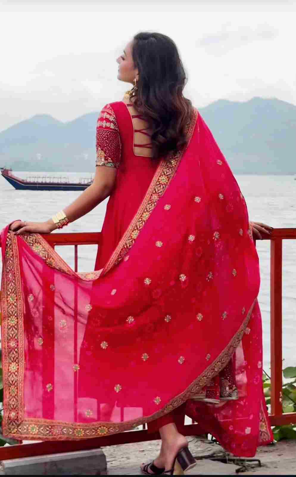 Heavy Natural Crepe Silk Fabric with Decorative Sequin Work on Anarkali Suit