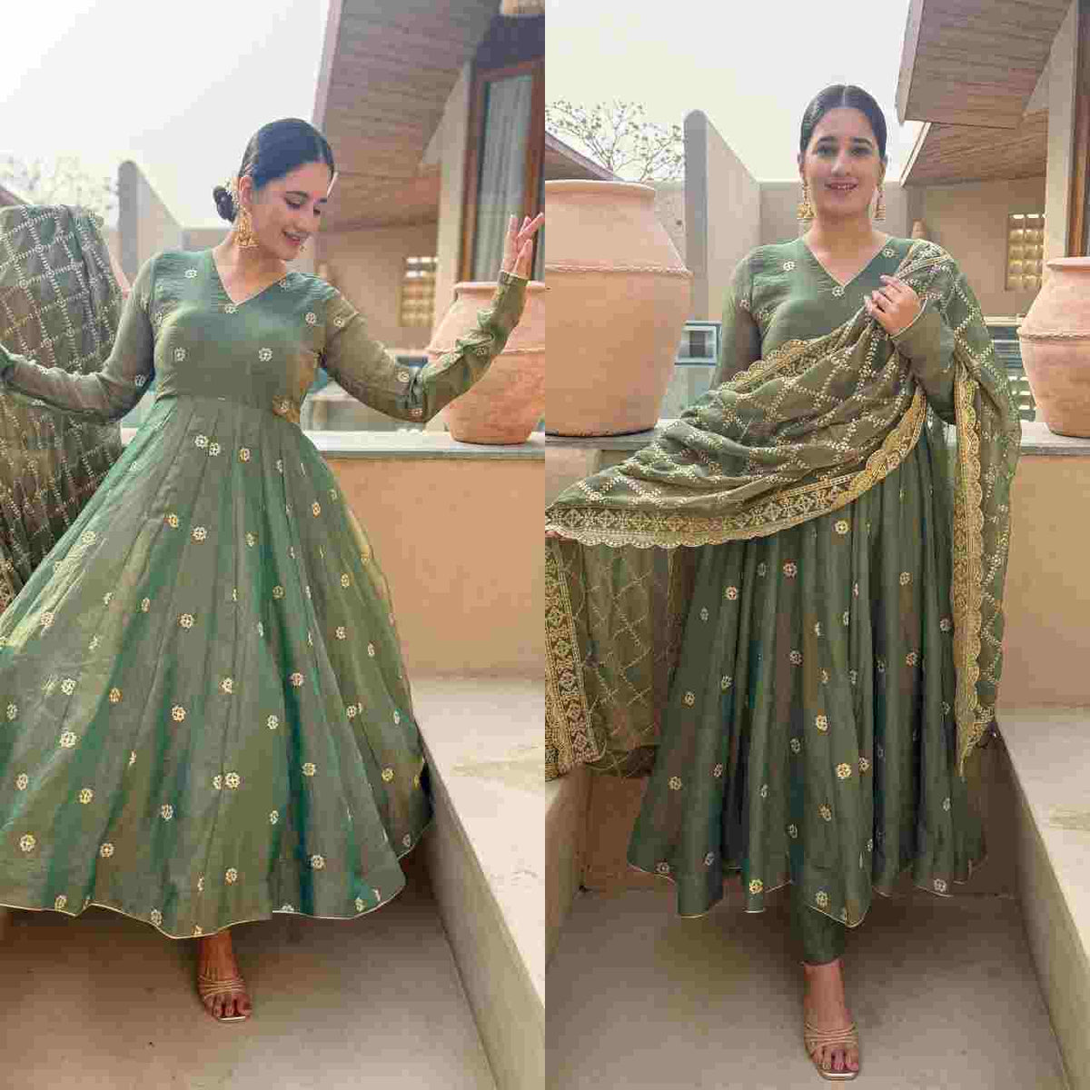 Designer Anarkali Suit with Moss Fendy Embroidered Dupatta