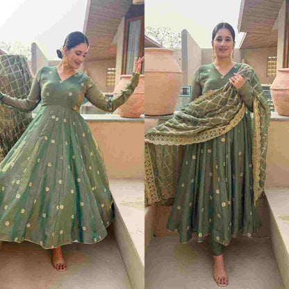 Designer Anarkali Suit with Moss Fendy Embroidered Dupatta