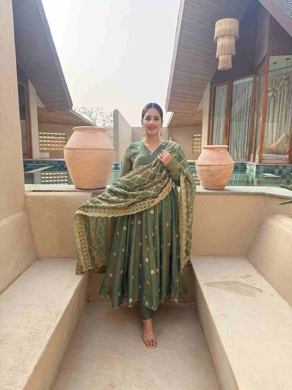 Designer Moss Fendy Anarkali Suit Front View with Heavy Sequin Embroidery