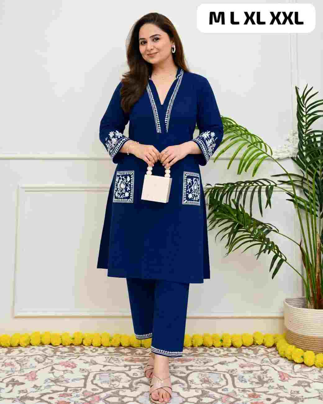 Women's embroidered slub cotton kurti with matching pants