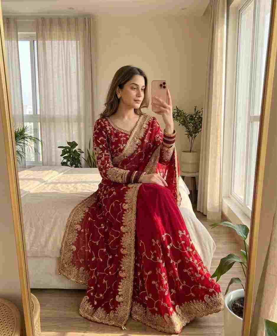 Georgette party wear saree with coding and zari embroidery