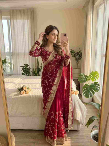 Women's festive saree with embroidered C-pallu design