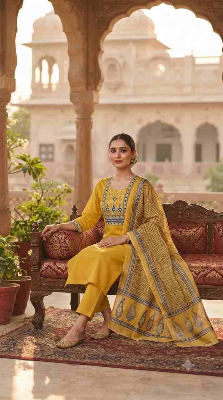 Plus-size women's ethnic kurti pant set with printed dupatta