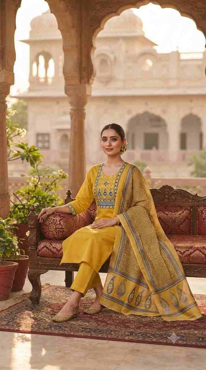 Plus-size women's ethnic kurti pant set with printed dupatta