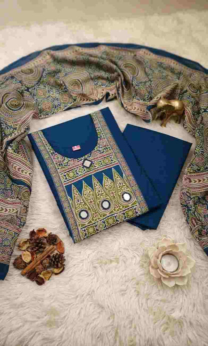Cotton silk kurti with decorative mirror patch work and matching trousers