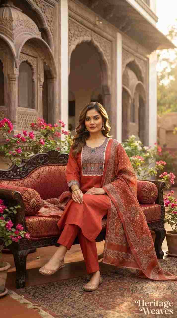 Women's embroidered kurti set with matching pants and printed dupatta