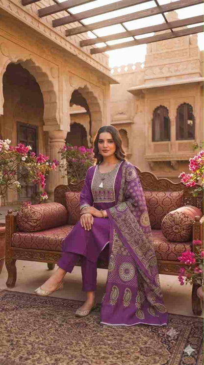 Heavy viscose cotton silk ethnic suit with mirror patch detailing