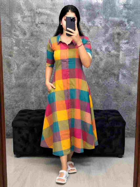 Stylish women's cotton Anarkali midi dress with pockets.