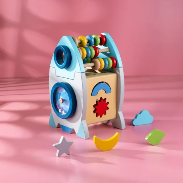Wooden educational activity toy with counting beads and shapes