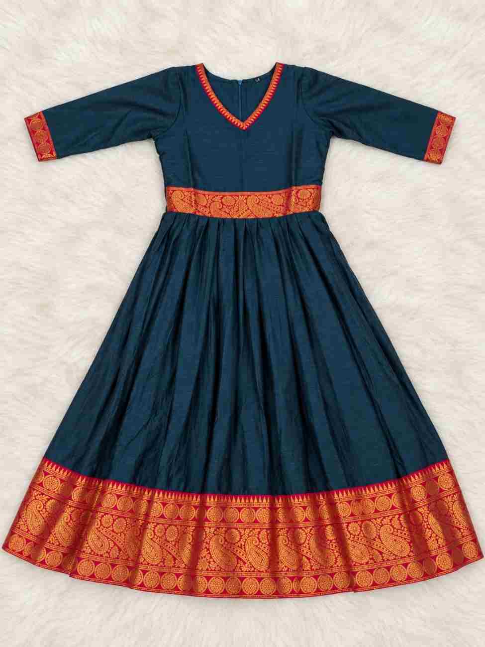 Girls Traditional Festive Gown with Zari Border and Jacquard Detailing
