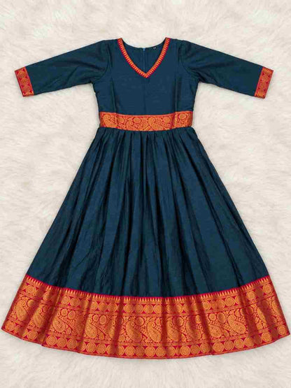 Girls Traditional Festive Gown with Zari Border and Jacquard Detailing