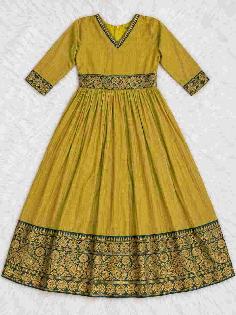 Girls Traditional Festive Gown with Zari Border and Jacquard Detailing