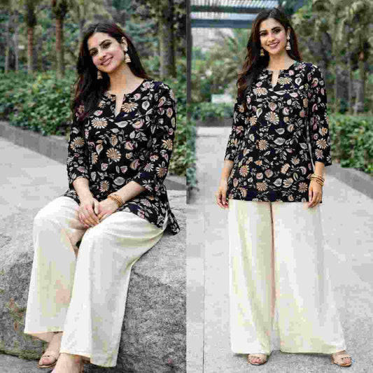 Zamkudi women’s digital print rayon slub top and palazzo set