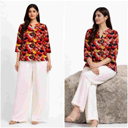 Women’s printed kurti-style top with matching rayon palazzo pants