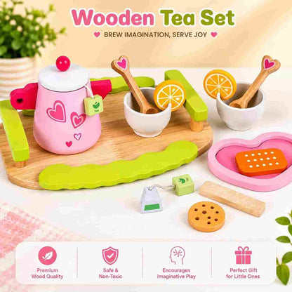 Children's wooden tea serving set with tray and saucers.

