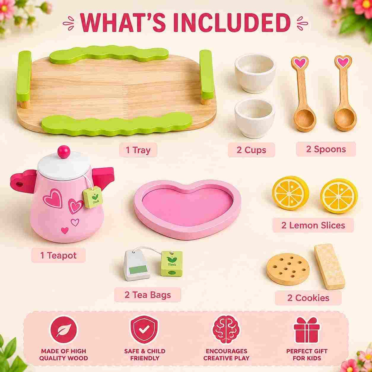 Kids wooden tea party toy with teapot and teacups.