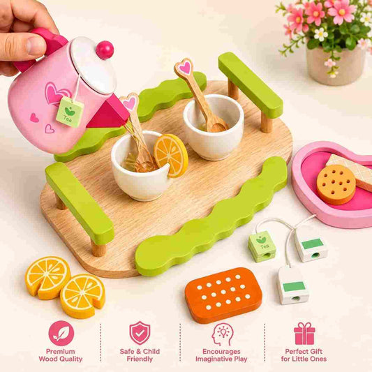 Wooden pretend tea set for toddlers aged 2 years and above.