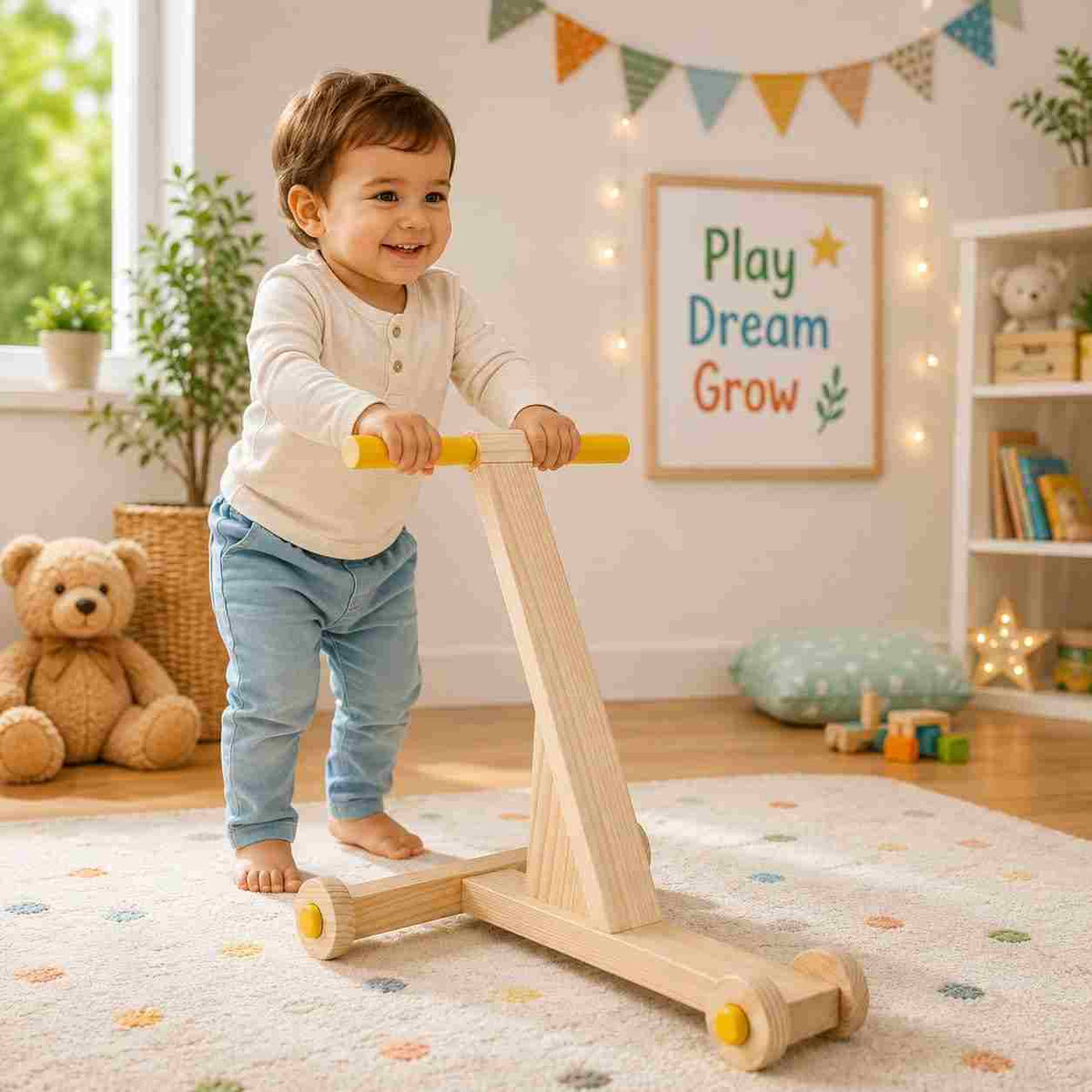 Wooden baby walker and push toy for toddlers