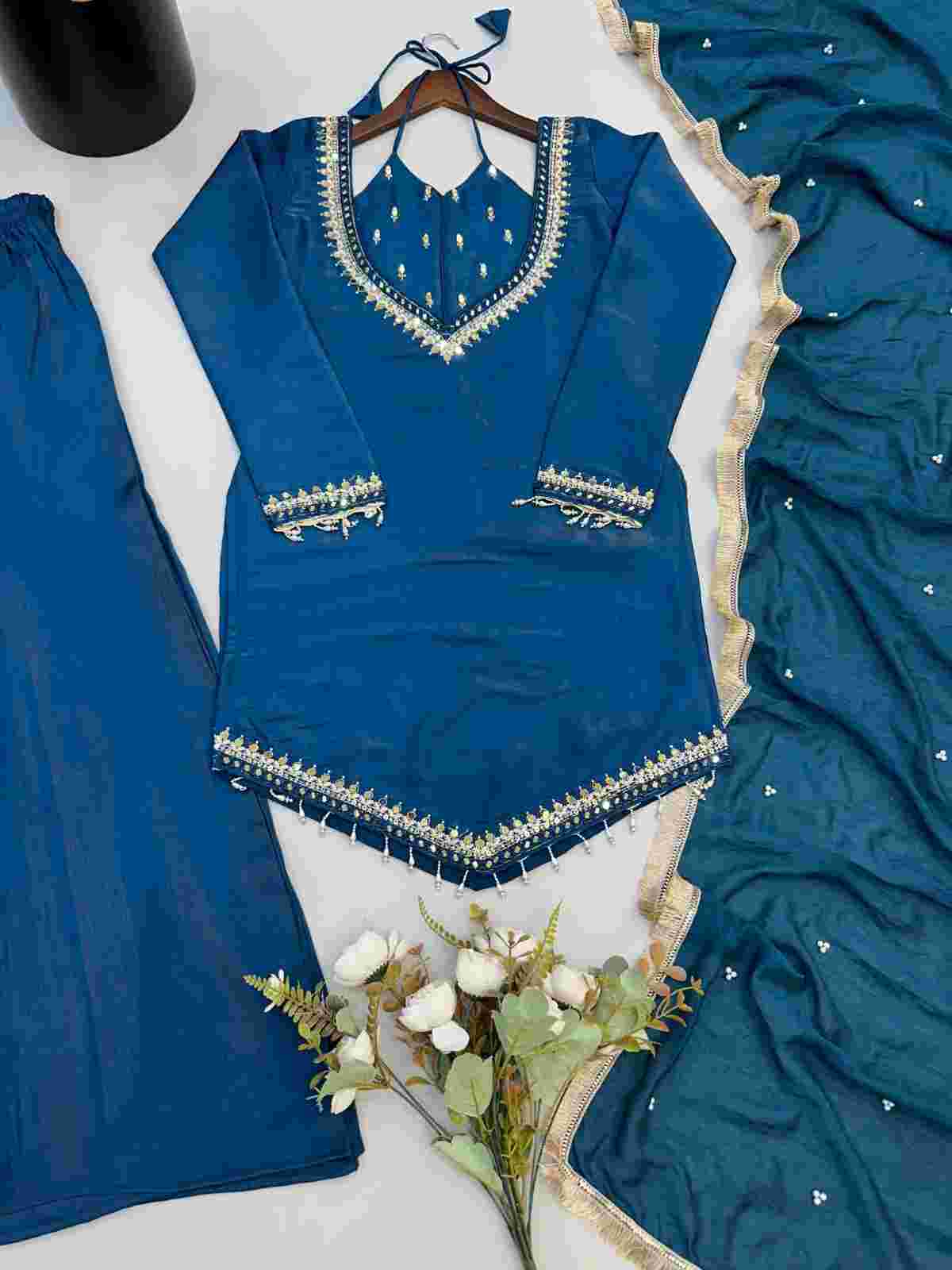 Designer mirror work kurti palazzo set for women