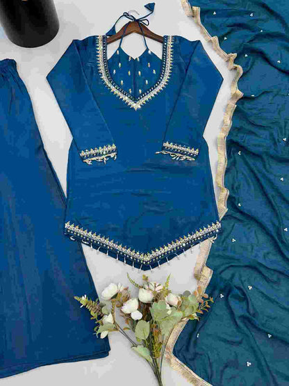 Designer mirror work kurti palazzo set for women