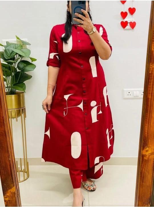 Women’s digital printed rayon slub kurti set with matching pants