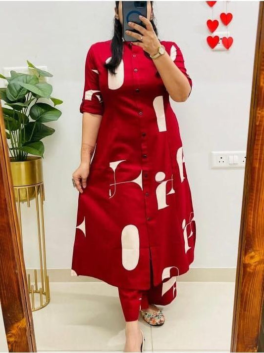 Women’s digital printed rayon slub kurti set with matching pants