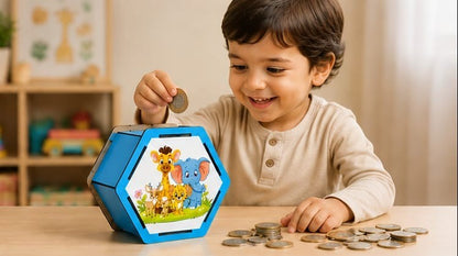 Children's coin saving box with cute animal illustrations