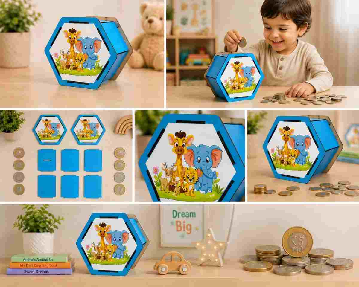 Blue coin storage box for children