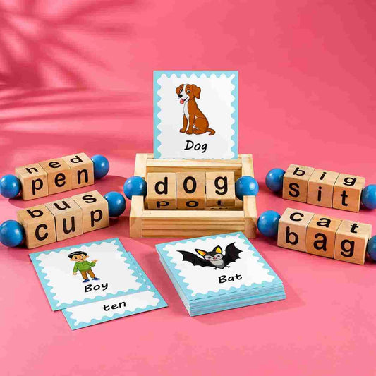 Wooden CVC word building blocks with picture flashcards for kids