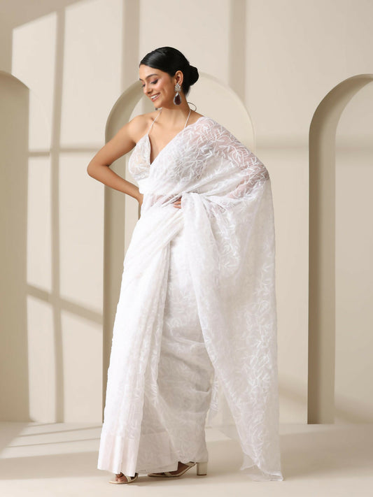 White Chikankari Tepchi Saree for Women