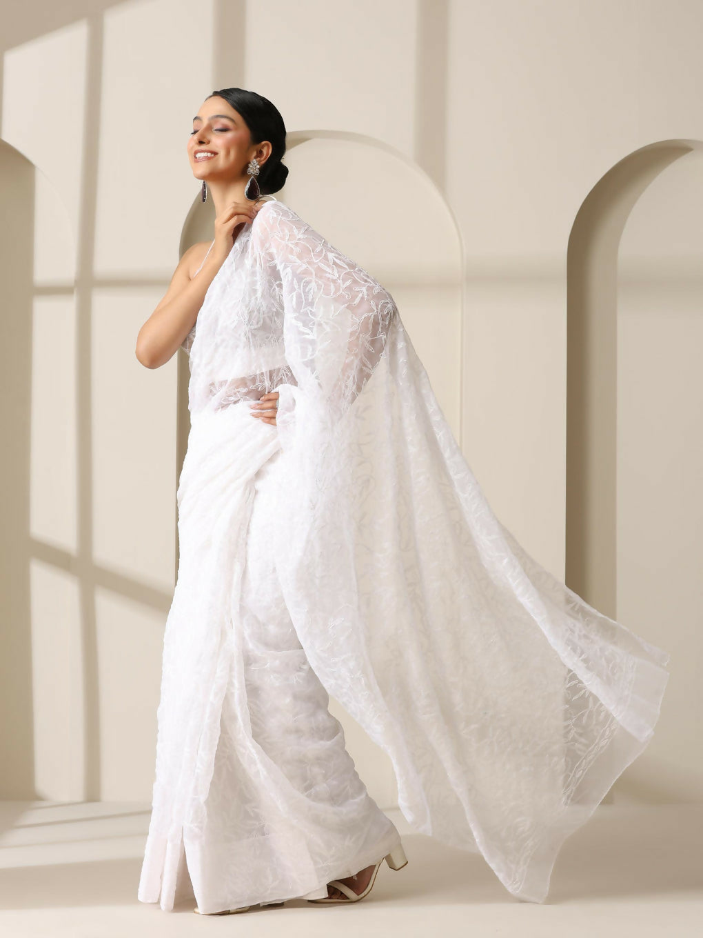 White Chikankari Tepchi Saree for Women