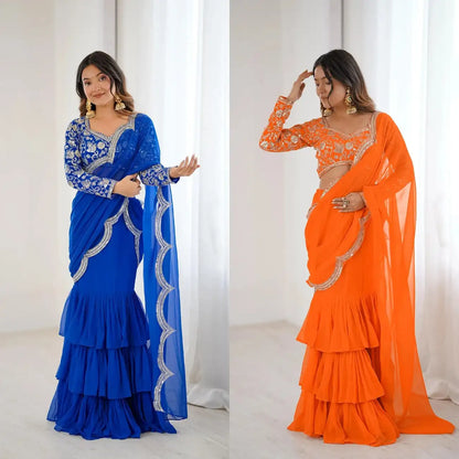 Beautifull Drape Embroidery Ruffle Saree