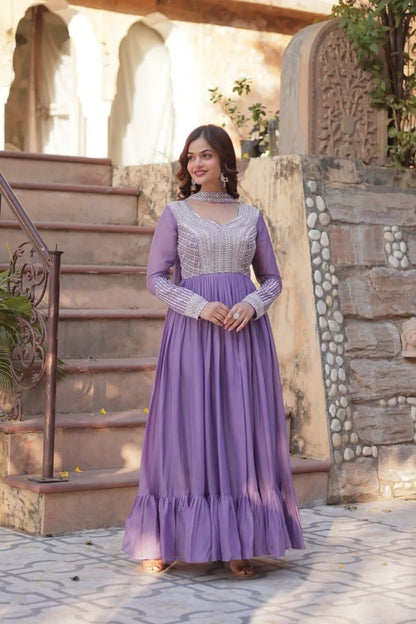 Lavender Embroidered Georgette Gown with Dupatta