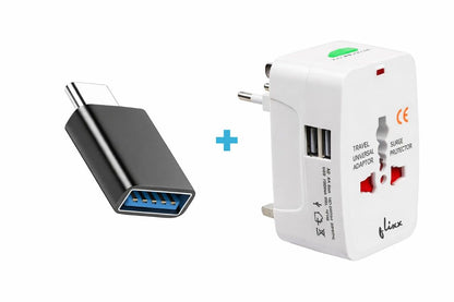 Flixx travel adapter with Type C to USB A connector combo for laptop and mobile charging