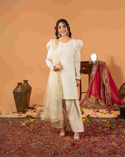 Designer Party Wear Top with Farshi Salwar and Embroidered Dupatta