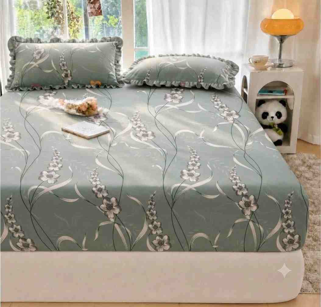 King size cotton elastic fitted bedsheet with frill pillow covers