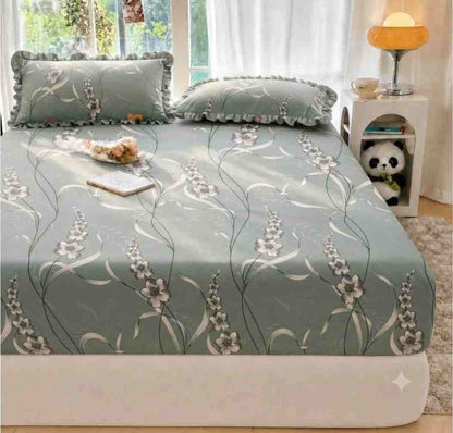 King size cotton elastic fitted bedsheet with frill pillow covers