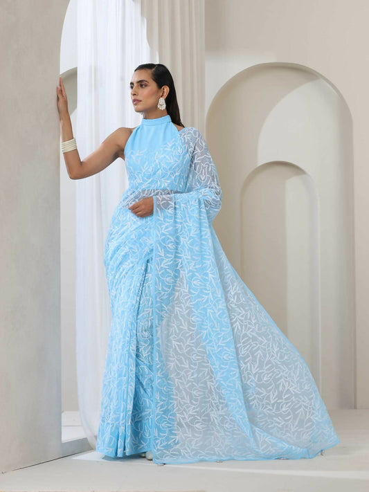 Blue Chikankari Tepchi Saree for Women