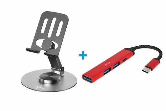 Flixx mobile stand with adjustable angle and USB C hub combo for laptop and mobile use
