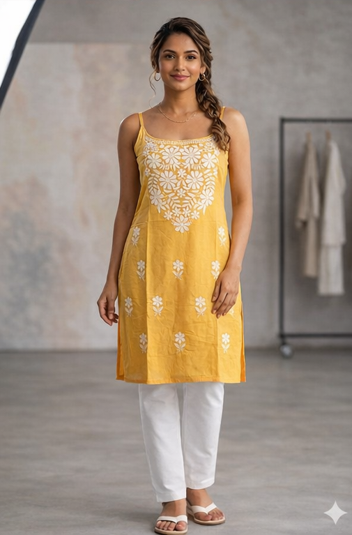 Woman wearing a yellow embroidered dress with white pants in a neutral setting