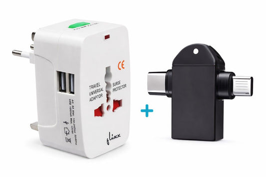 Flixx travel adapter with dual USB and 2 in 1 OTG adapter combo set for mobile and travel use