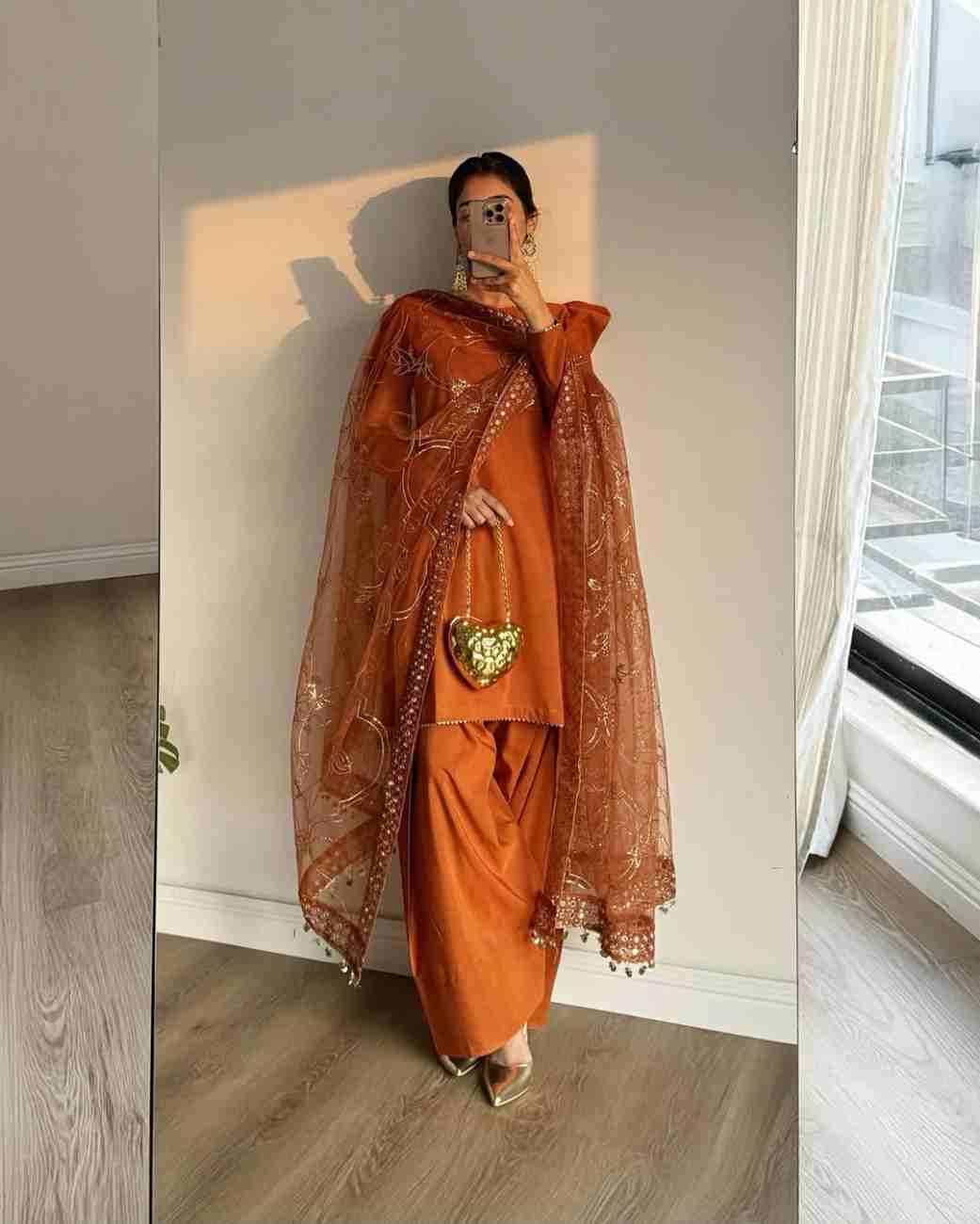 Designer Party Wear Top with Farshi Salwar and Embroidered Dupatta