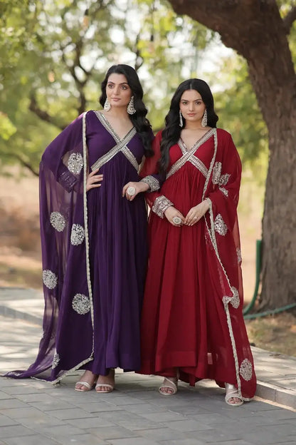 Premium Alia Cut Embroidered Gown with Dupatta Set