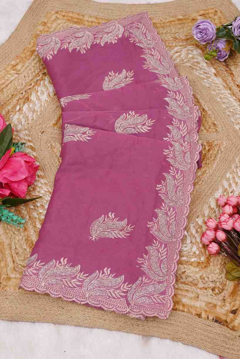 Close up Swarovski embroidery work on georgette saree