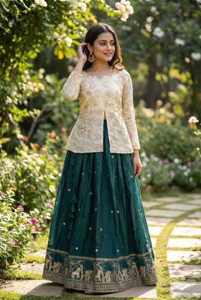 Fendy silk lehenga with zari embroidery front view