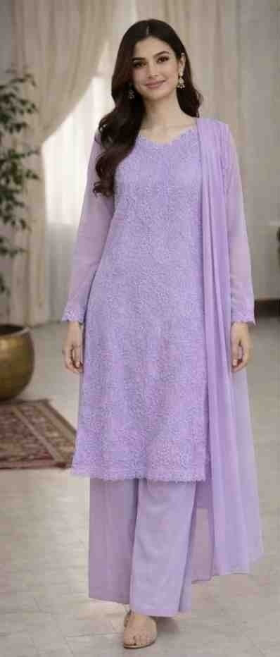 lavender chikankari kurta set with palazzo and dupatta embroidered ethnic wear - indiya Se