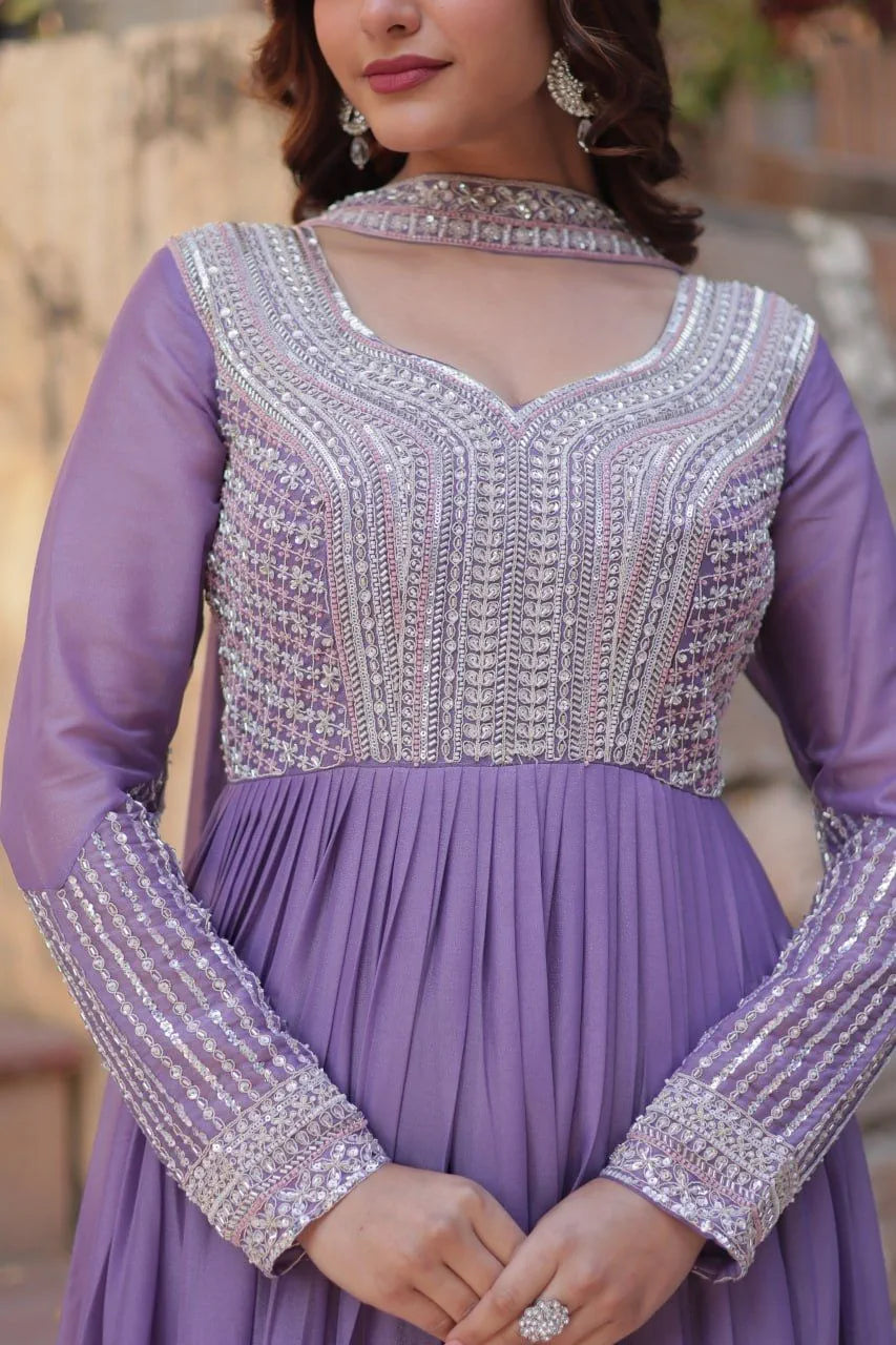 Lavender Embroidered Georgette Gown with Dupatta