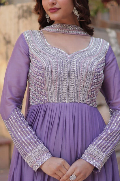 Lavender Embroidered Georgette Gown with Dupatta
